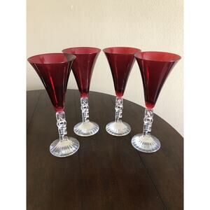 4 Crystal D’Argues Ruby Red Champagne Wine Flutes Glasses 9.5”